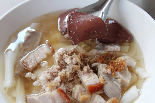 Focus Sur Sang Porc Caillé Bol Soupe Porc Avec Kway — Photo