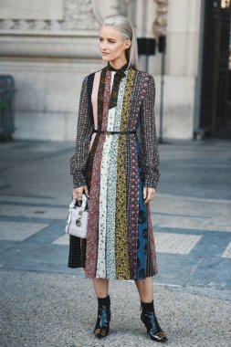 29 Eylül 2018: Paris, Fransa - Paris moda haftası sırasında sokak stil kıyafeti - Pfwss19