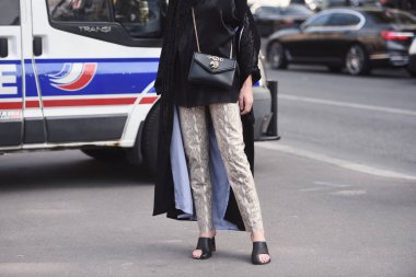 28 Eylül 2018: Paris, Fransa - Paris moda haftası sırasında sokak stil kıyafeti - Pfwss19