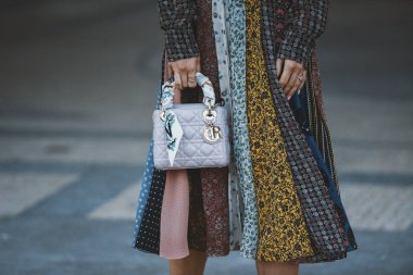 29 Eylül 2018: Paris, Fransa - kız bir defile sonra Paris moda haftası - Pfwss19 şık bir Dior el çantası giyiyor