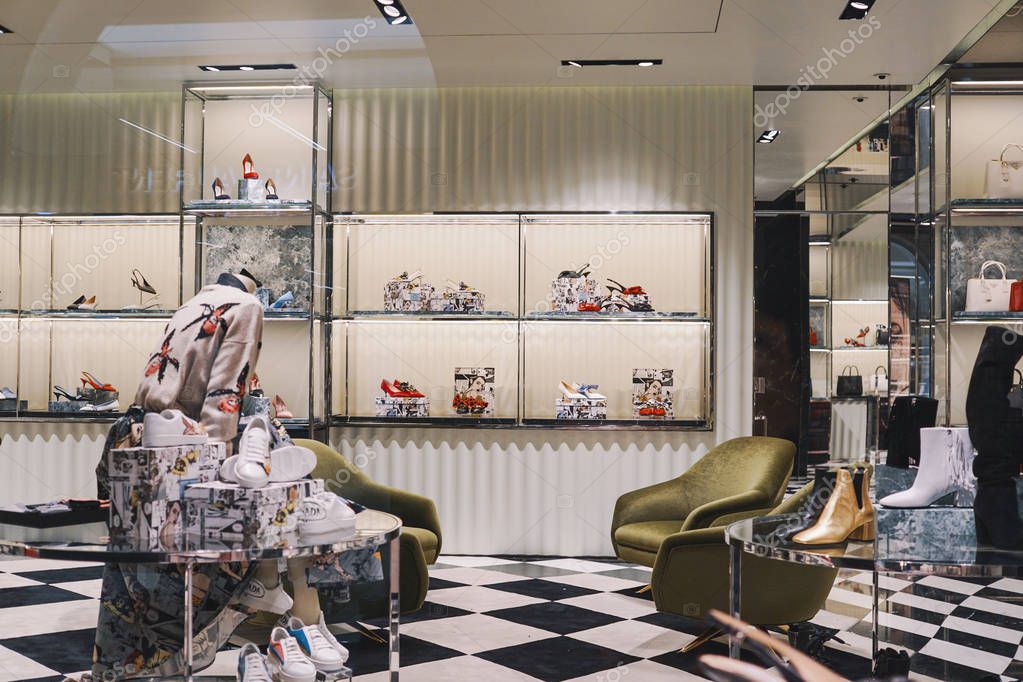 Milan, Italy - February 24, 2018: Prada luxury store in Milan - Luxury shopping concept