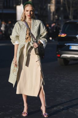 Paris, Fransa-27 Şubat 2019: sokak tarzı kıyafet-Paris moda haftası sırasında bir moda gösterisi önce Leonie Hanne-Pfwfw19