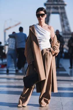 Paris, France -February 27, 2019: Street style outfit -  Aida Domenech before a fashion show during Paris Fashion Week - PFWFW19 clipart