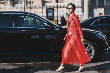 Paris, Fransa - 28 Şubat 2019: Sokak stil kıyafeti - daha önce bir defile sırasında Paris moda haftası - Pfwfw19