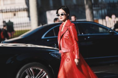 Paris, Fransa - 28 Şubat 2019: Sokak stil kıyafeti - daha önce bir defile sırasında Paris moda haftası - Pfwfw19