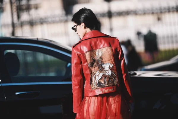 Paris, Fransa - 28 Şubat 2019: Sokak stil kıyafeti - daha önce bir defile sırasında Paris moda haftası - Pfwfw19
