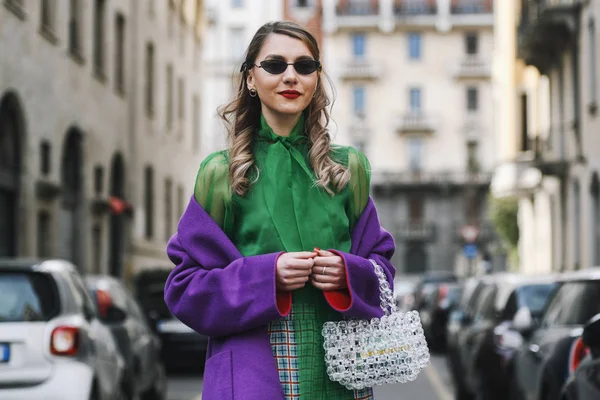 Milán Italia Febrero 2019 Traje Calle Después Desfile Moda Durante — Foto de Stock