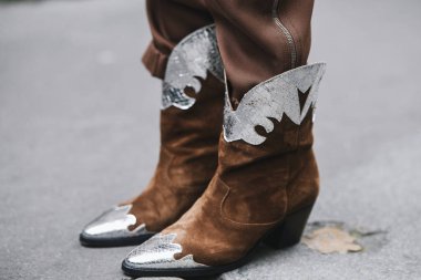 Paris, France - March 03, 2019: Street style outfit -  Cowboy Boots in detail after a fashion show during Paris Fashion Week - PFWFW19