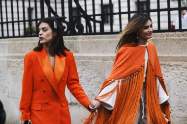 Paris, France - March 02, 2019: Street style outfit Aida Domenech, Angela Rozas Saiz after a fashion show during Paris Fashion Week - PFWFW19