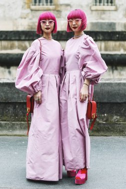 Paris, France - March 03, 2019: Street style outfit -  Ami Suzuki, Aya Suzuki after a fashion show during Paris Fashion Week - PFWFW19