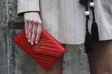 Paris, France - March 02, 2019: Street style outfit, close up, after a fashion show during Paris Fashion Week - PFWFW19