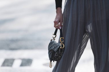 Milano, İtalya - 21 Şubat 2019: Milano Moda Haftası'nda bir defile öncesi Dior çantanın sokak stili Detayı - Mfwfw19