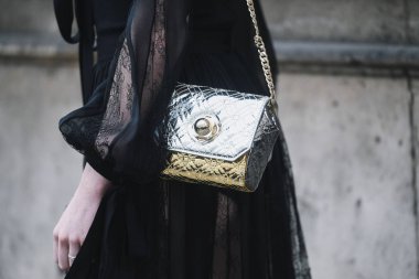 Paris, France - March 02, 2019: Street style outfit, close up, after a fashion show during Paris Fashion Week - PFWFW19