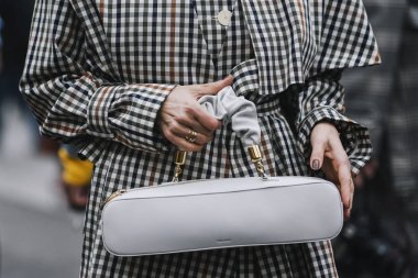 Paris, France - March 02, 2019: Street style outfit, close up, after a fashion show during Paris Fashion Week - PFWFW19