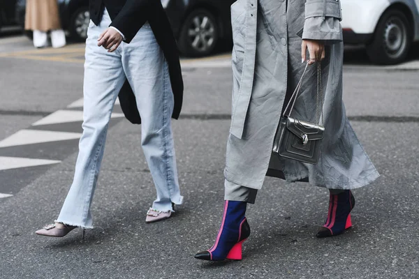 Milão Itália Fevereiro 2019 Detalhes Roupas Estilo Rua Antes Desfile — Fotografia de Stock