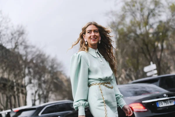 París Francia Marzo 2019 Traje Calle Emili Sindlev Después Desfile — Foto de Stock