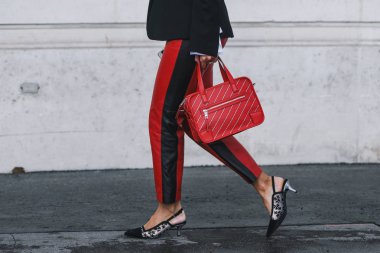 Paris, France - March 02, 2019: Street style outfit, close up, after a fashion show during Paris Fashion Week - PFWFW19
