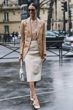 Paris, Fransa - 05 Mart 2019: Milano Moda Haftası'nda bir defile öncesi sokak stili kıyafet - Pfwfw19