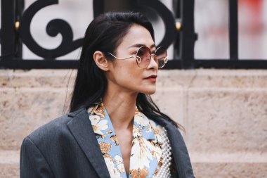 Paris, France - March 02, 2019: Street style outfit, close up, after a fashion show during Paris Fashion Week - PFWFW19