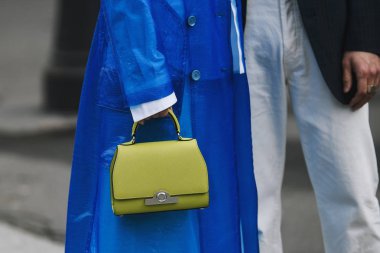 Paris, France - March 02, 2019: Street style outfit, close up, after a fashion show during Paris Fashion Week - PFWFW19