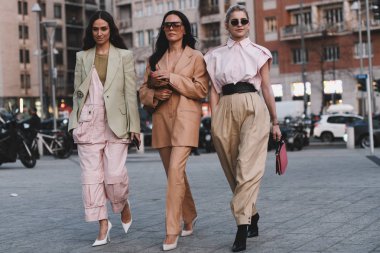 Milano, İtalya - 20 Şubat 2019: Milano Moda Haftası'nda bir defile den sonra sokak stili kıyafet - Mfwfw19