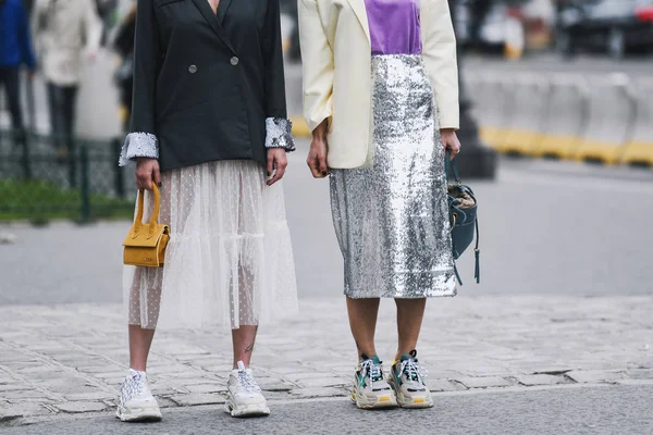 Párizs Franciaország Március 2019 Street Style Outfit Close Után Egy — Stock Fotó