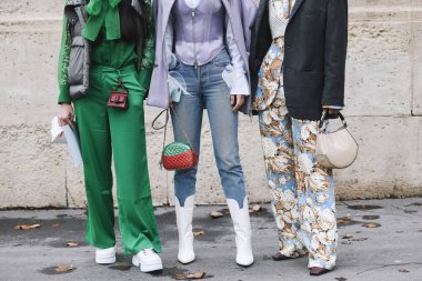 Paris, France - March 02, 2019: Street style outfit, close up, after a fashion show during Paris Fashion Week - PFWFW19