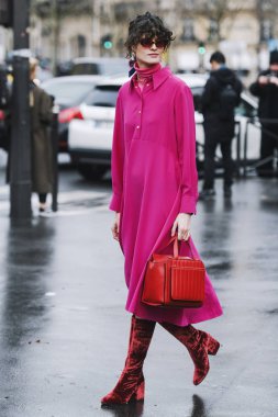 Paris, France - March 5, 2019: Street style outfit -  Chloe Hill before a fashion show during Paris Fashion Week - PFWFW19