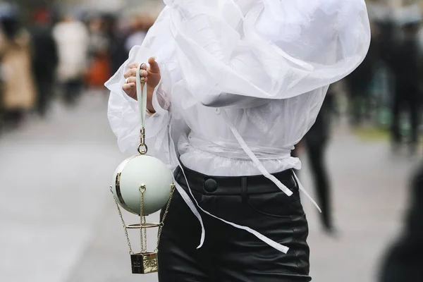 Paryż Francja Marca 2019 Street Style Strój Torebka Szczegółowo Pokaz — Zdjęcie stockowe