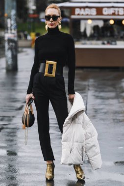 Paris, France - March 02, 2019: Street style outfit Elina Halimi after a fashion show during Paris Fashion Week - PFWFW19