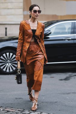 Paris, France - March 02, 2019: Street style outfit -  Geraldine Boublil after a fashion show during Paris Fashion Week - PFWFW19