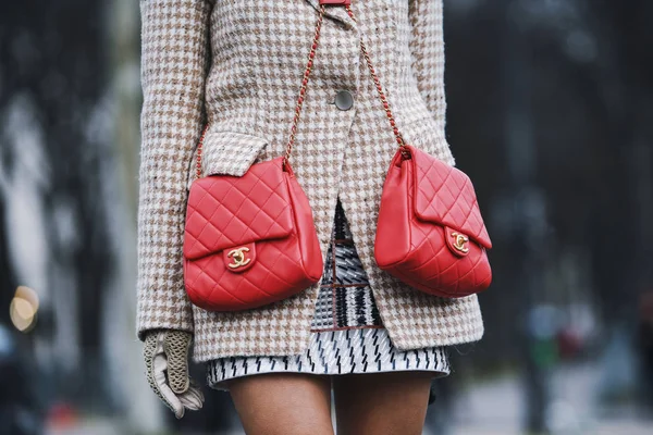 Paris Frankreich März 2019 Straßenstil Frau Trägt Blazerjacke Doppelt Rote — Stockfoto
