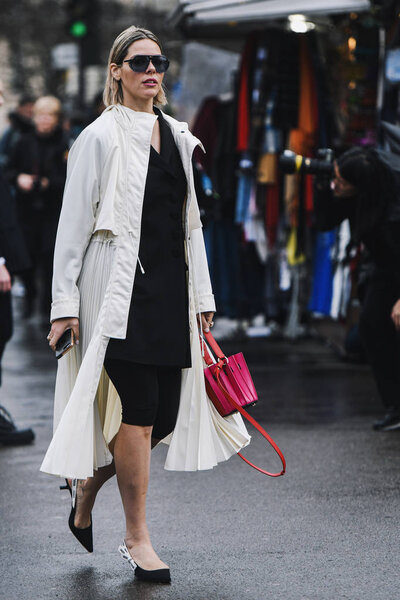 Paris, France - March 02, 2019: Street style Street style outfit before a fashion show during Milan Fashion Week - PFWFW19;