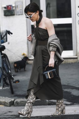 Milano, İtalya - 21 Şubat 2019: Milano Moda Haftası'nda bir defile öncesi Sokak stili Kıyafet - Mfwfw19