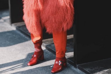Milano, İtalya - 20 Şubat 2019: Milano Moda Haftası'nda bir defile den sonra sokak stili kıyafet - Mfwfw19