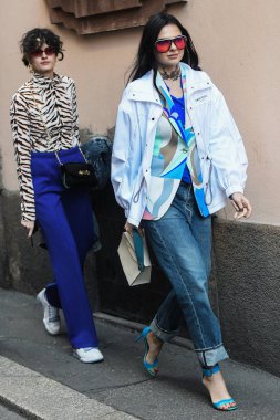 Milan, Italy - February 21, 2019: Street style - Influencer Doina Ciobanu after a fashion show during Milan Fashion Week - MFWFW19 clipart
