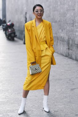 Milano, İtalya - 21 Şubat 2019: Milano Moda Haftası sırasında bir defile sonrası Sokak stili Influencer Yuwei Zhangzou - Mfwfw19