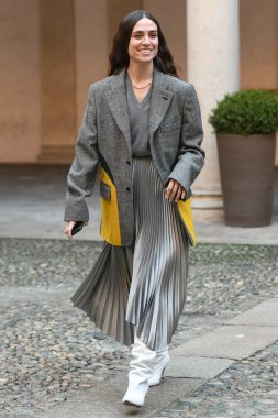 Milano, İtalya - 21 Şubat 2019: Milano Moda Haftası sırasında bir defile sonrası Sokak stili Influencer Erika Boldrin - Mfwfw19