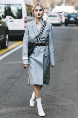 Milan, Italy - February 21, 2019: Street style - Influencer Caroline Daur after a fashion show during Milan Fashion Week - MFWFW19 clipart