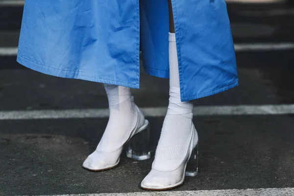 Mediolan Włochy Lutego 2019 Styl Ulicy Buty Szczegółowo Pokaz Mody — Zdjęcie stockowe
