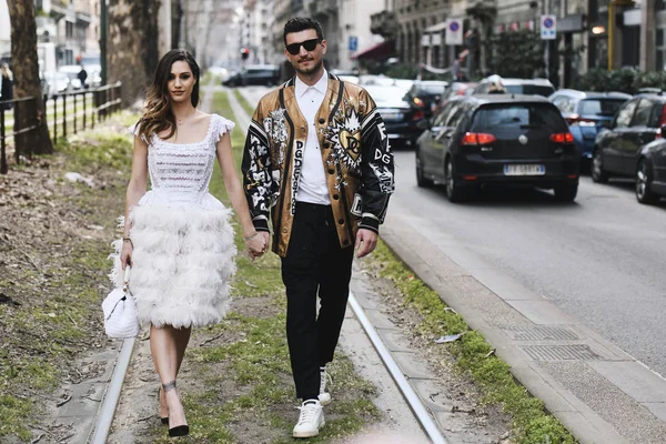 Mediolan Włochy Lutego 2019 Styl Uliczny Dolce Kurtka Gabbana Pokaz — Zdjęcie stockowe