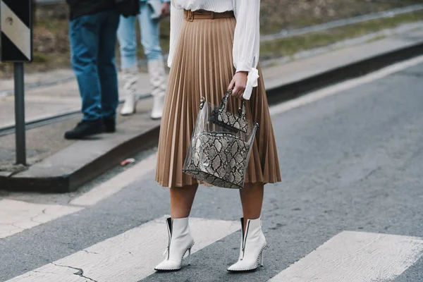 Milão Itália Fevereiro 2019 Street Style Detalhe Bolsa Antes Desfile — Fotografia de Stock