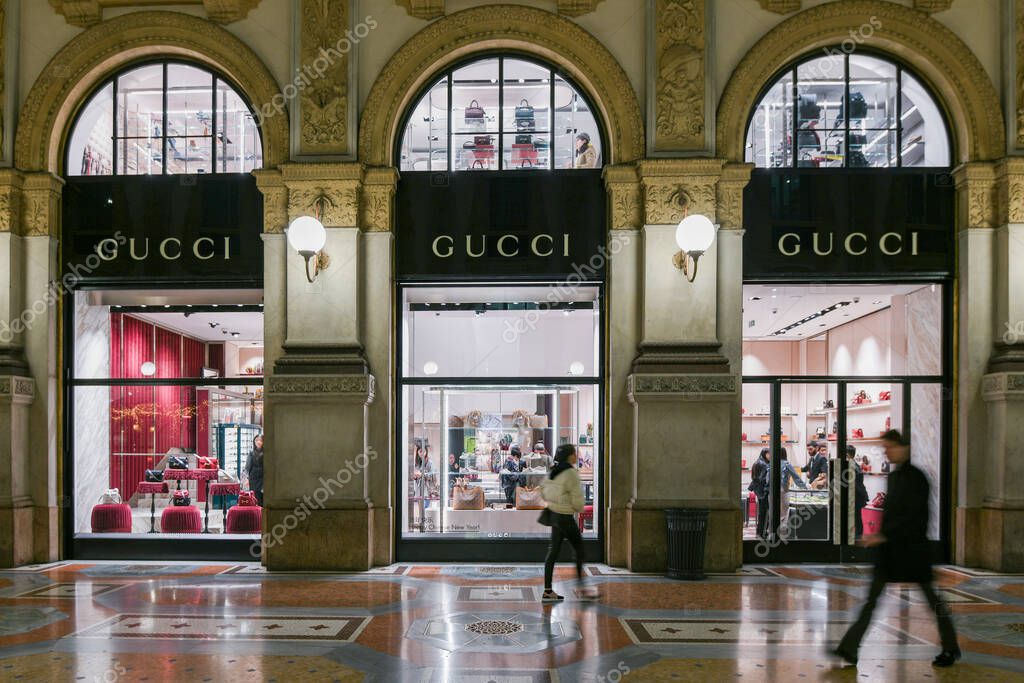 Milan, Italy - January 13, 2020: Gucci bags and sneakers showcase