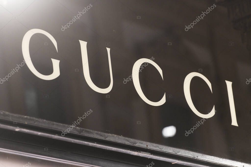 Milan, Italy - January 13, 2020: Gucci store logo detail