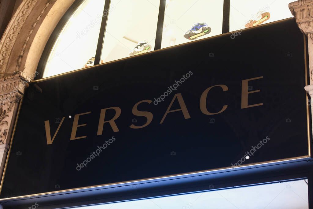 Milan, Italy - January 13, 2020: Versace showcase logo detail