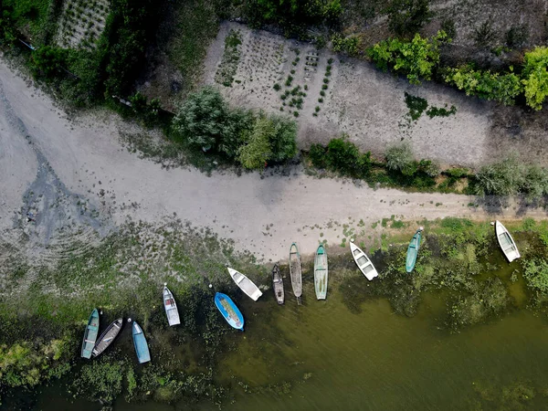 Fischerboote Einem Kleinen Dorf Dobrogea Rumänien Luftaufnahme — Stockfoto