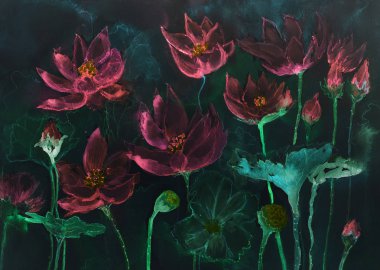 Pembe kadife lotus çiçekleri gece. Kenarlarına yakın dabbing teknik kağıt değişmiş yüzey pürüzlülüğü nedeniyle yumuşak odak etkisi verir