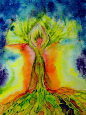 Psychedelic kadın hayat ağacı aura ile. Kenarlarına yakın dabbing teknik kağıt değişmiş yüzey pürüzlülüğü nedeniyle yumuşak odak etkisi verir