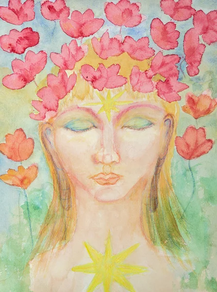 Lotus çiçekleri ile kadın buddha. Kenarlarına yakın dabbing teknik kağıt değişmiş yüzey pürüzlülüğü nedeniyle yumuşak odak etkisi verir