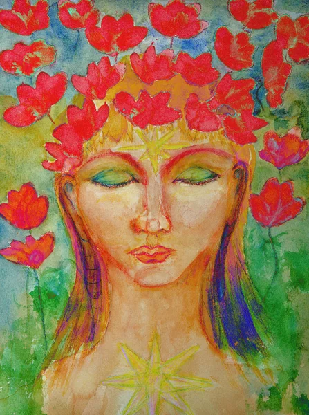 Lotus çiçekleri ile psychedelic kadın buddha. Kenarlarına yakın dabbing teknik kağıt değişmiş yüzey pürüzlülüğü nedeniyle yumuşak odak etkisi verir